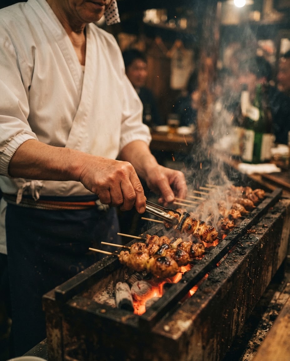 焼き場で串を焼く店主