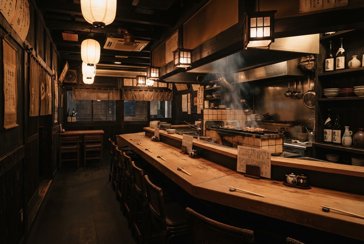 檜のカウンターがある店内